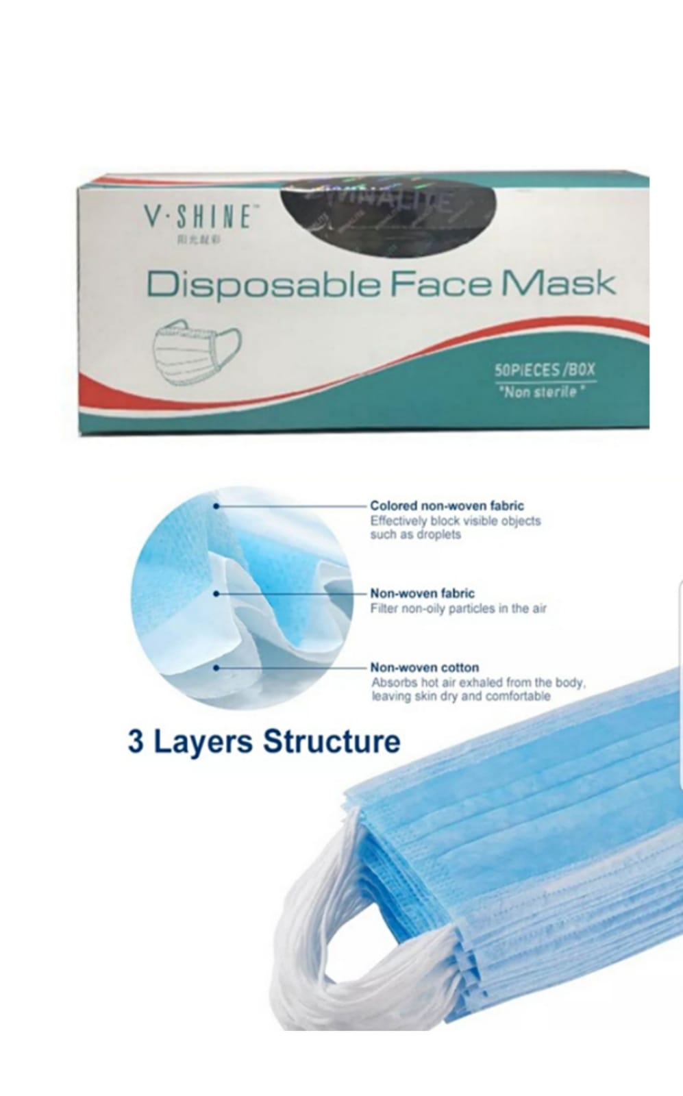 Type IIR Disposable Face Mask 50pcs Box ~ 3 layers Blue colour.